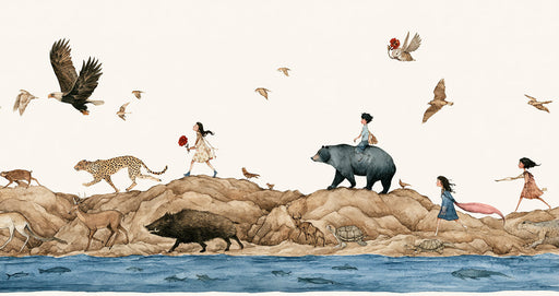 Whimsical illustration of children walking with wild animals like bears and cheetahs on rocky terrain by a blue river.
