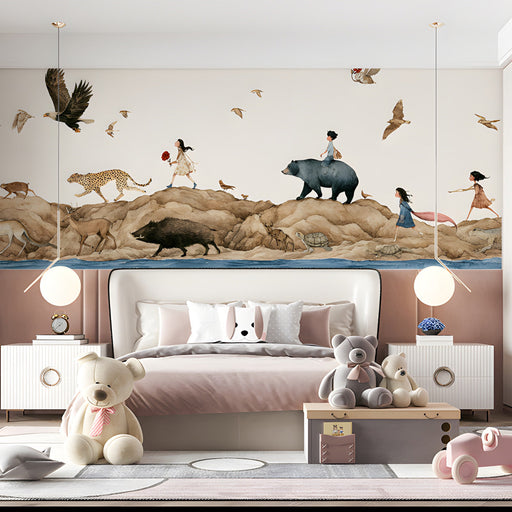 A cozy bedroom featuring a children and wildlife mural behind a white wooden crib.