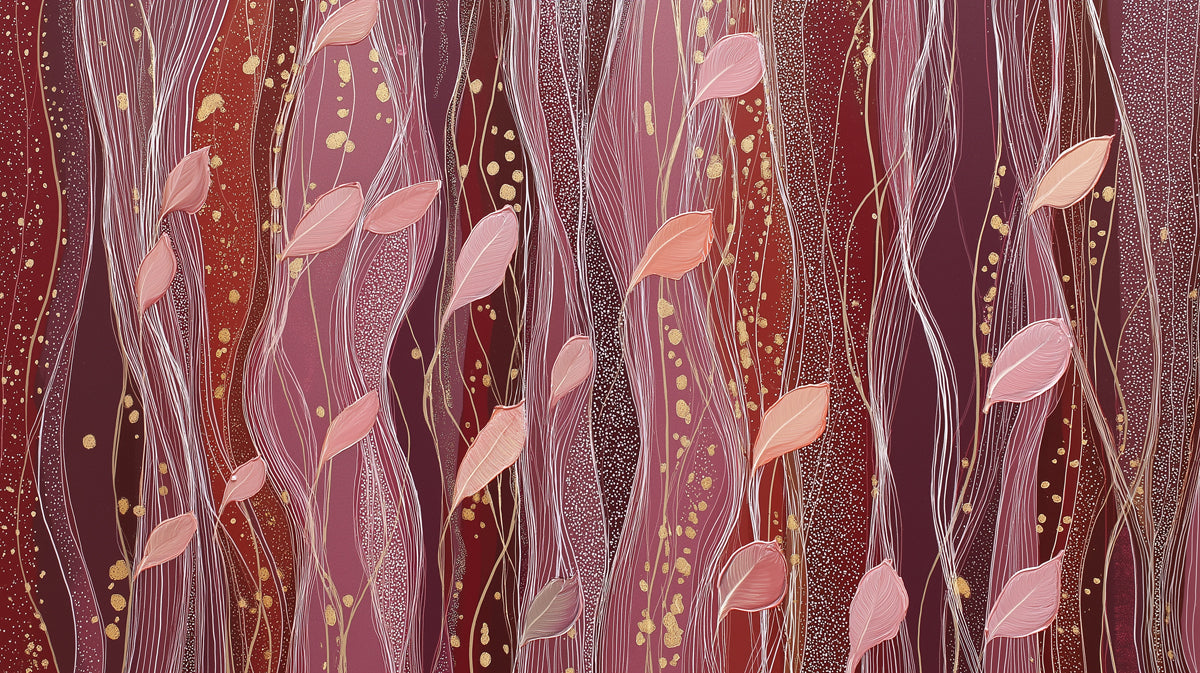 Abstract wallpaper pattern with vertical waves in burgundy, blush pink leaves, and gold speckles