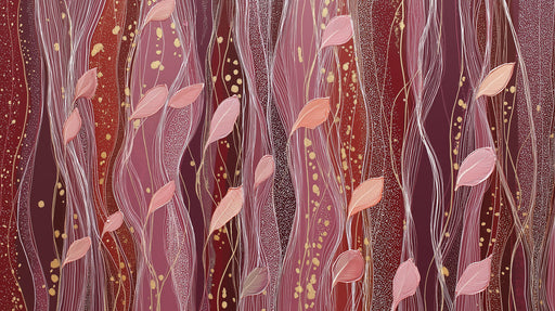 Abstract wallpaper pattern with vertical waves in burgundy, blush pink leaves, and gold speckles