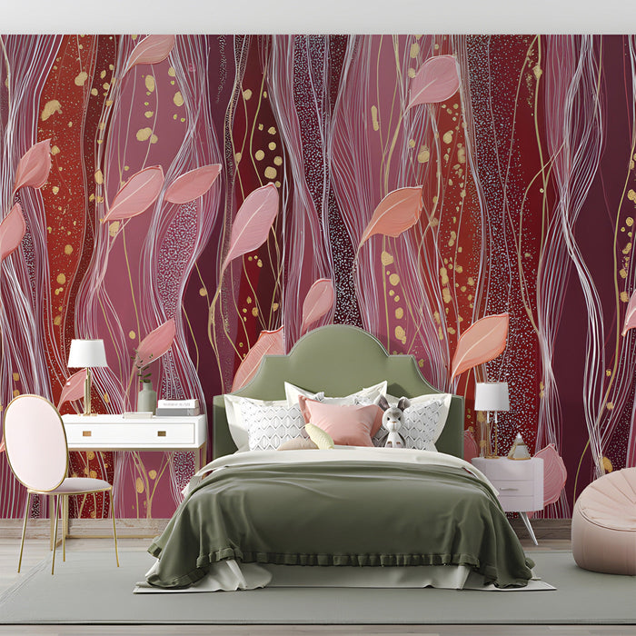 Elegant wine-red wave pattern wallpaper installed as a feature wall in a dining room