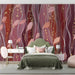 Elegant wine-red wave pattern wallpaper installed as a feature wall in a dining room