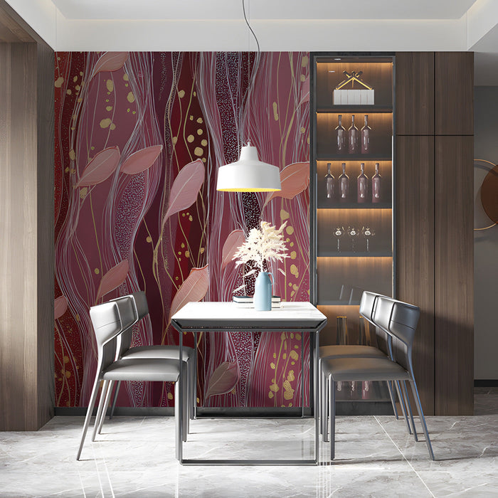 Crimson willow mural wallpaper installed in a moody and elegant dining room behind a headboard