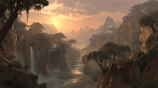 A sweeping landscape mural showing sun-drenched mountain cliffs, a winding river, and silhouetted trees at sunset.