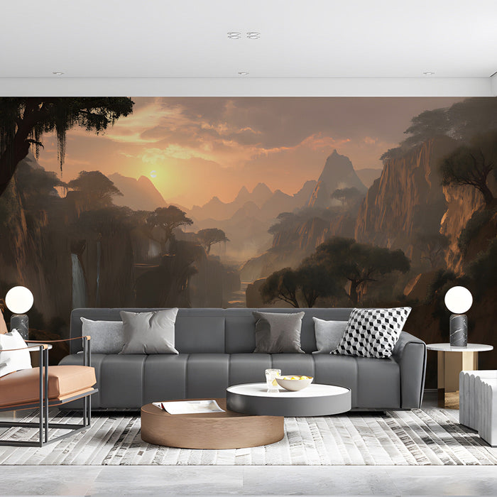 A sophisticated living room interior with a warm-toned mountain valley mural on the main feature wall.