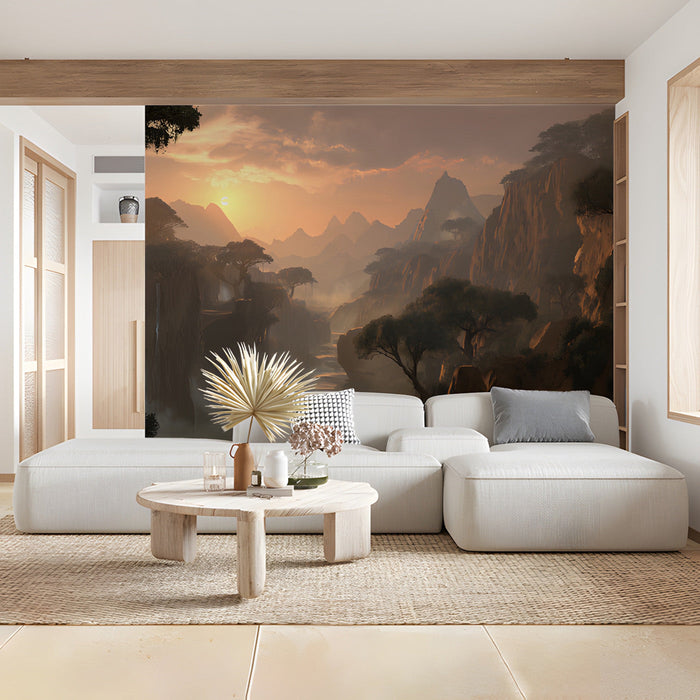A cozy living room featuring a sunset valley mural behind a neutral sofa and linen cushions.