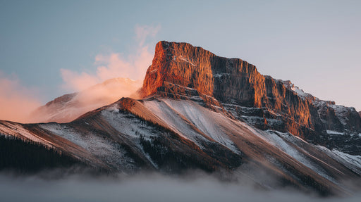 A realistic mountain peak at sunrise with ochre sunlight on rocky cliffs and low mist at the base