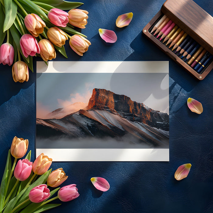 A serene bedroom feature wall featuring a sunlit mountain peak landscape mural