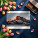 A serene bedroom feature wall featuring a sunlit mountain peak landscape mural