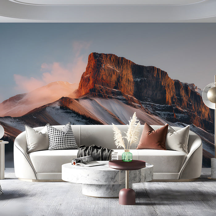 Modern home office with a dramatic alpine mountain landscape wallpaper backdrop