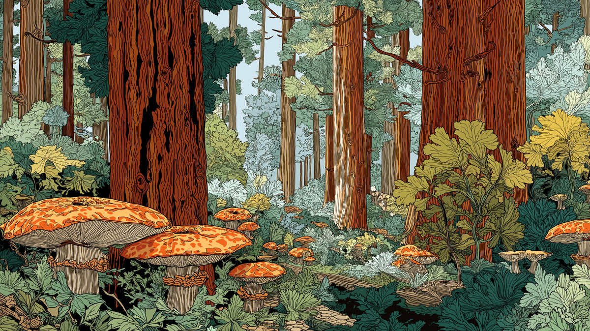 Illustrated redwood forest wallpaper featuring tall brown trunks, deep green foliage, and vibrant orange mushrooms