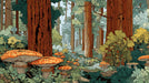 Illustrated redwood forest wallpaper featuring tall brown trunks, deep green foliage, and vibrant orange mushrooms
