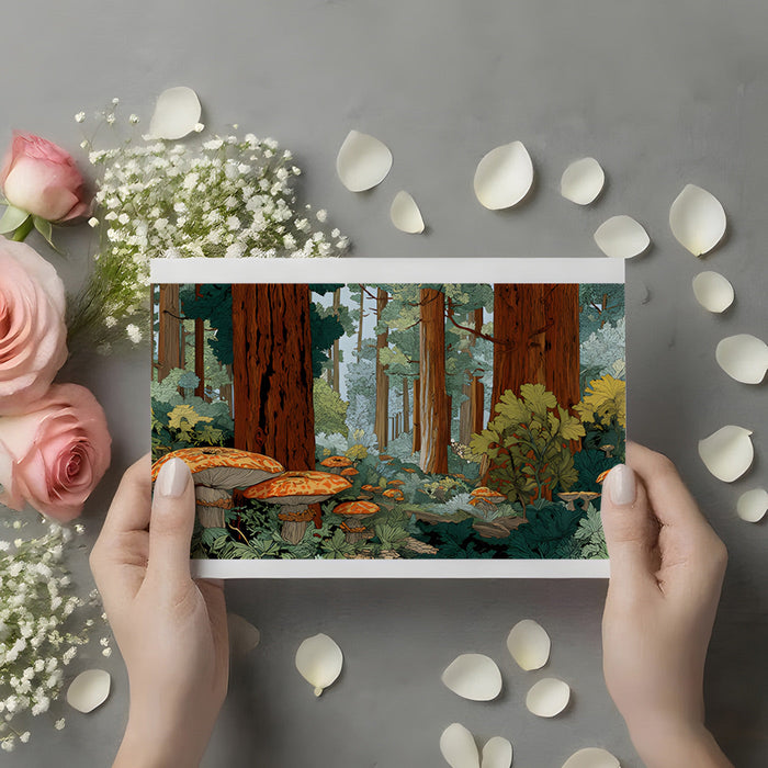 Redwood forest wall art featured in a modern home office with a dark desk and plants