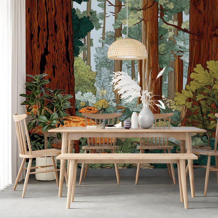 Detailed woodland mural in a library reading room with a plush armchair and warm lighting