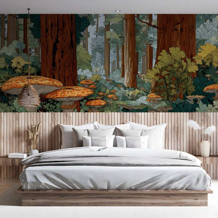Forest mural installed in a cozy bedroom with wooden furniture and neutral bedding