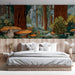 Forest mural installed in a cozy bedroom with wooden furniture and neutral bedding
