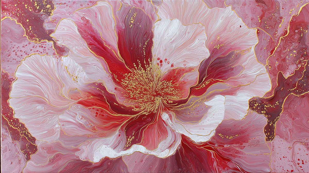 Abstract fluid art wallpaper featuring a large crimson floral bloom with intricate gold veining and swirling pink petals.