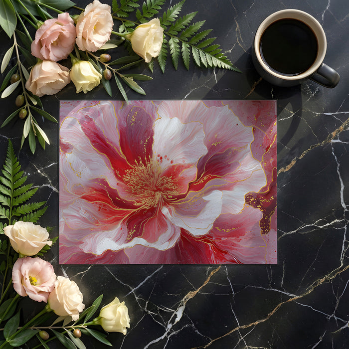 A modern bedroom design with a bold pink and crimson fluid floral mural serving as a romantic bedhead wall.