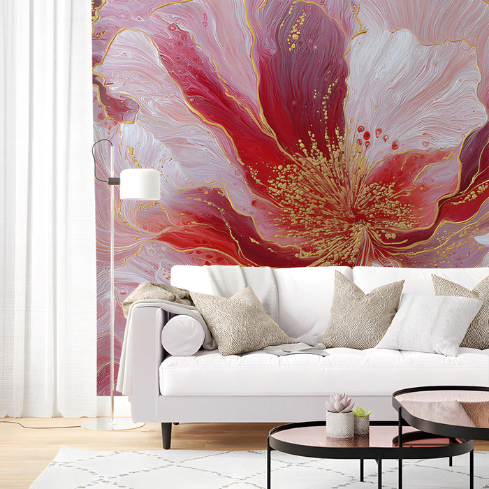 Contemporary home office interior with a swirling floral abstract wall mural providing a creative and artistic backdrop.