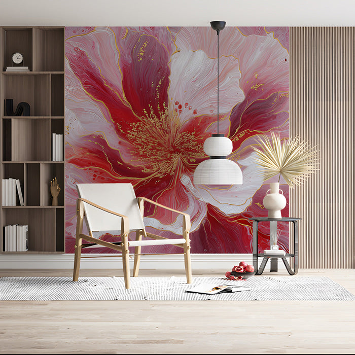 A sophisticated study featuring a large floral fluid art wall mural as a vibrant accent piece behind a table.