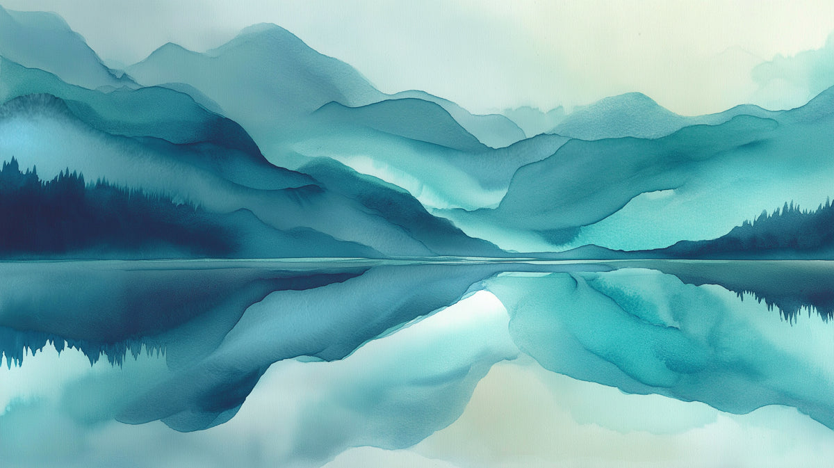 Abstract watercolor landscape wallpaper featuring layers of blue and teal mountains reflected in a calm lake.