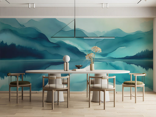 Modern bedroom featuring a calm watercolor mountain mural behind a minimal white bed frame.