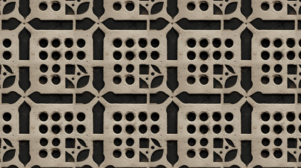 Abstract beige breeze block pattern with charcoal circular voids and architectural grid lines