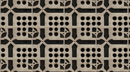 Abstract beige breeze block pattern with charcoal circular voids and architectural grid lines