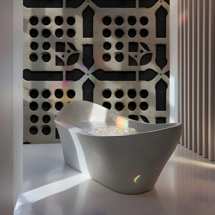 Contemporary bathroom installation of a neutral architectural grid mural