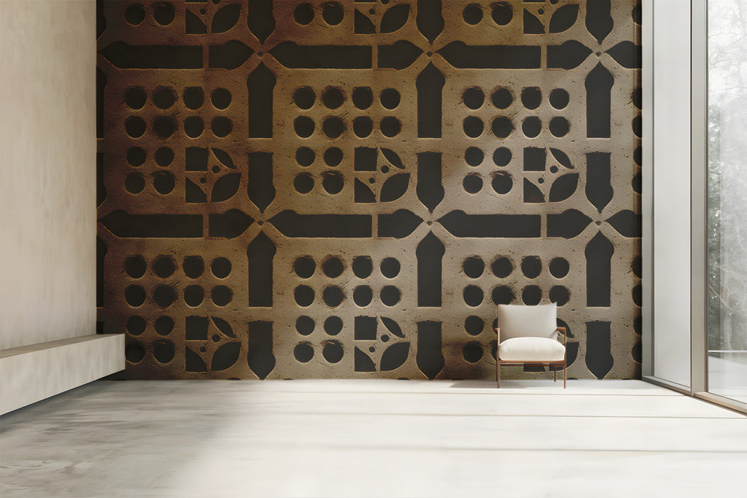 Hallway featuring a mid-century geometric mural wall with minimalist furniture