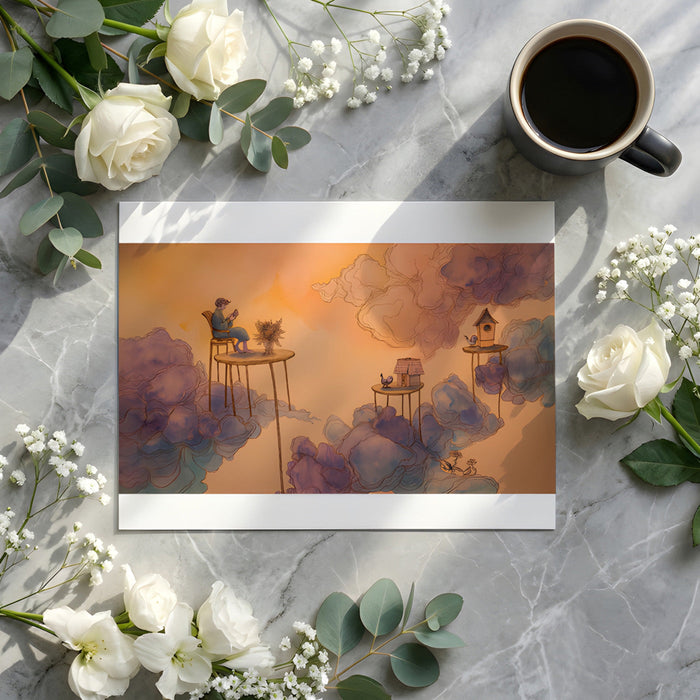 Artistic mural featuring floating furniture in a light-filled home office.