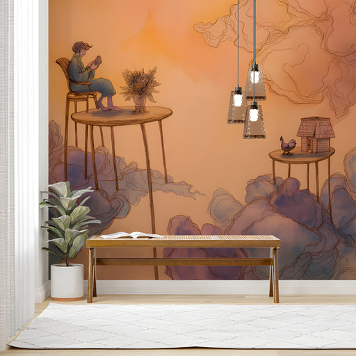 Dreamy illustration mural in a creative study with soft lighting.