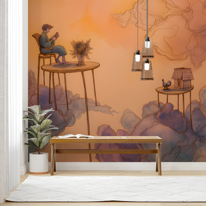 Dreamy illustration mural in a creative study with soft lighting.
