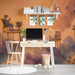 Whimsical cloud wallpaper installed in a cozy study with a minimalist bed.