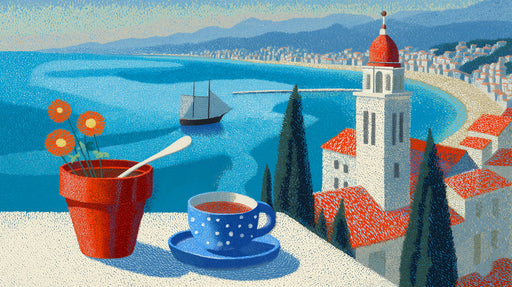 A pointillist mural showing a Mediterranean coastal view with a terracotta pot, blue coffee cup, red rooftops, and deep blue sea.