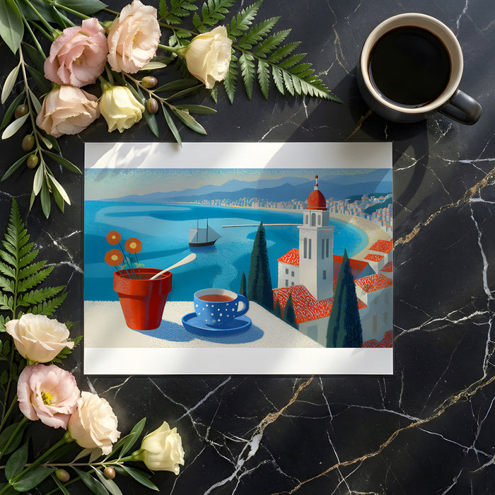 Mediterranean landscape wallpaper in a dining room featuring light oak furniture and coastal decor.