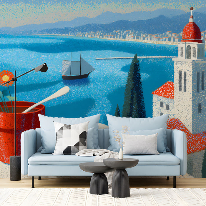 Coastal view mural in a sun-drenched home office space with a white desk and minimalist styling.