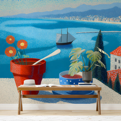 The coastal Mediterranean mural installed as a vibrant feature wall in a bright, modern study.