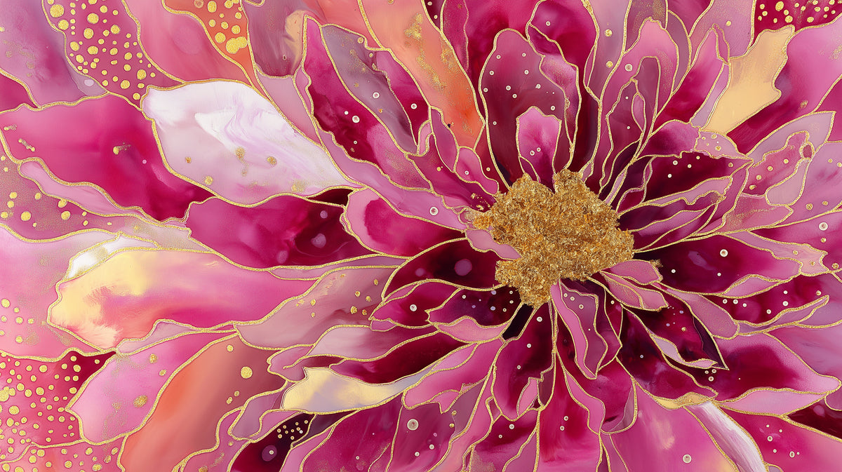 Close up of abstract flower mural with magenta petals and gold foil details