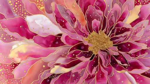 Close up of abstract flower mural with magenta petals and gold foil details