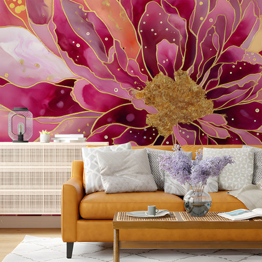 Abstract floral mural installed in a sophisticated living room with dark wood furniture