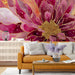 Abstract floral mural installed in a sophisticated living room with dark wood furniture