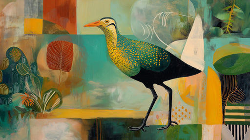 Abstract art mural featuring a shorebird motif with vibrant turquoise, mustard yellow, and burnt orange geometric blocks.