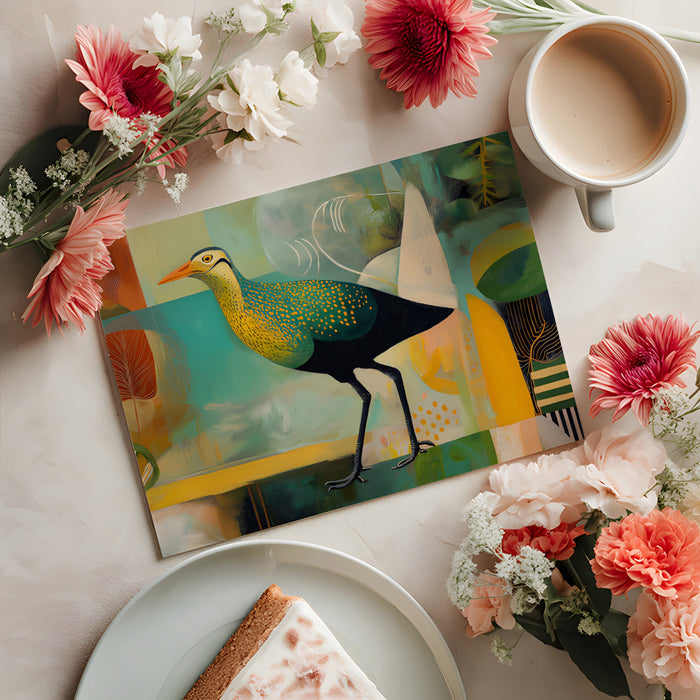Home office space styled with artistic bird pattern wallpaper and modern furniture.