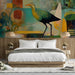 Bedroom interior featuring a colorful contemporary avian mural as a creative feature wall.