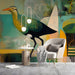 Study interior featuring an abstract shorebird wallpaper mural on a main accent wall.