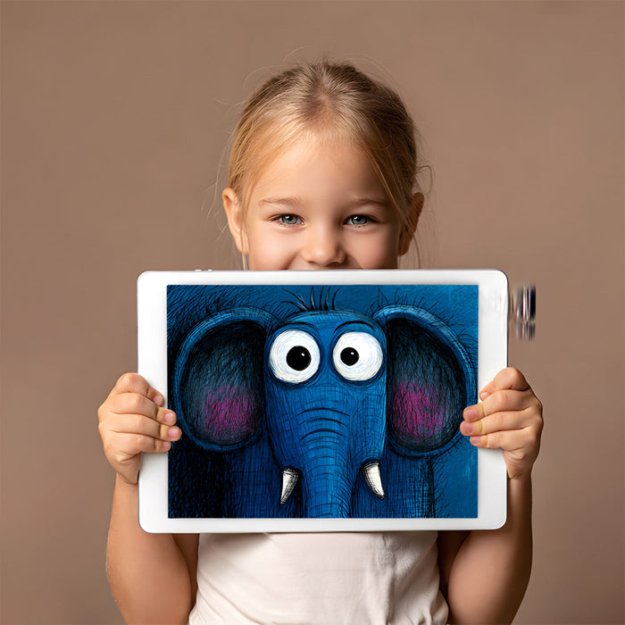 Artistic blue elephant wallpaper design covering the wall of a creative home playroom