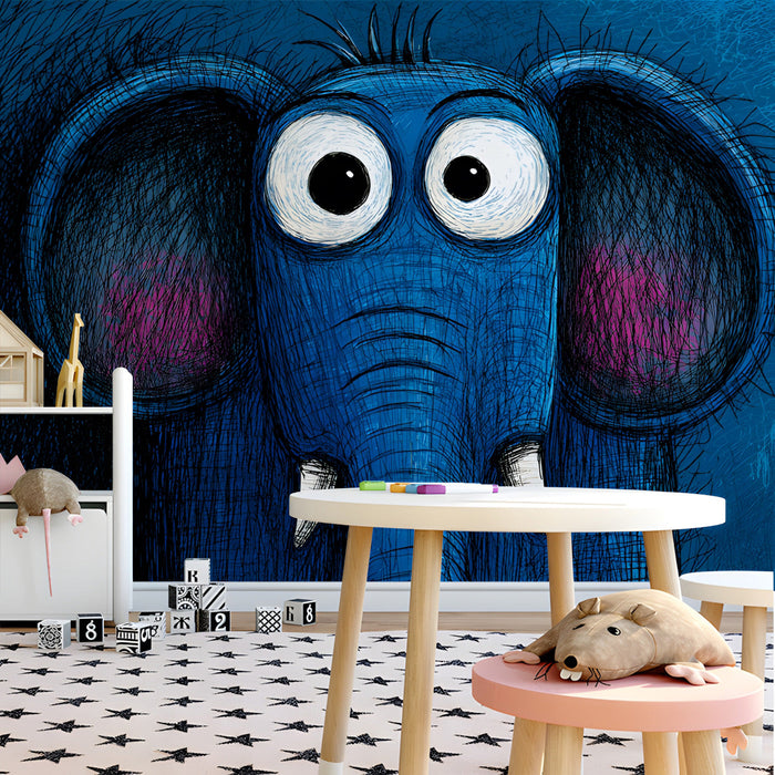 Creative ink-style elephant mural styled in a modern playroom with simple furniture