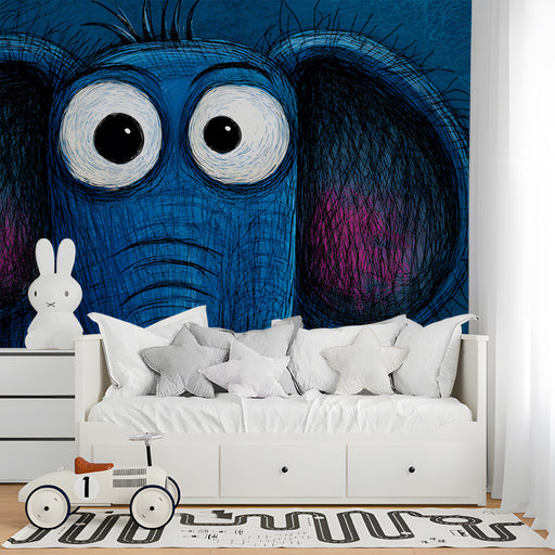 Whimsical elephant mural installed on a large feature wall in a colorful kid’s nursery