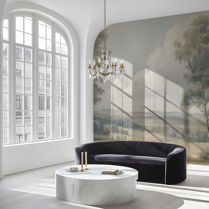 A sophisticated hallway setup with an expansive nature mural creating a tranquil workspace.